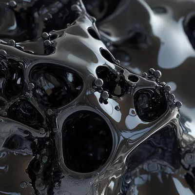 Ice cold black hyper-realistic close-up of blobs of black metal. The material appears bulbus, with intricate details of