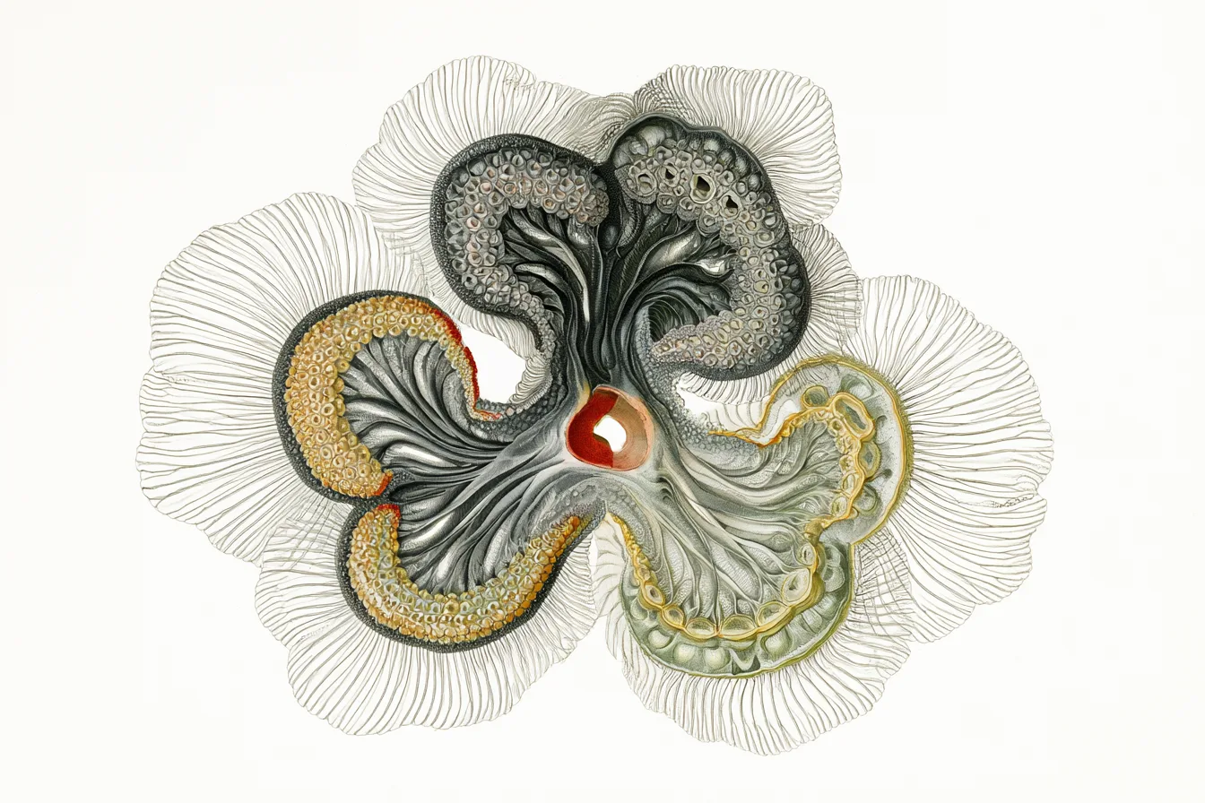 an abstract scientific specimen representing a better company: a strange, elegant organism built from interconnected cha