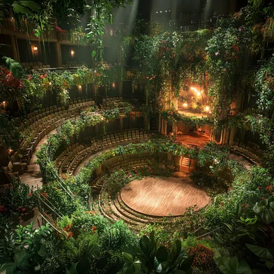 A breathtaking bird’s-eye view of a full theater, where greenery seamlessly integrates into every aspect of the venue. T