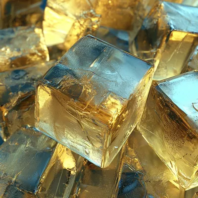 Ice cold blue hyper-realistic close-up of blocks of yellow metal. The material appears blocky, with intricate details of