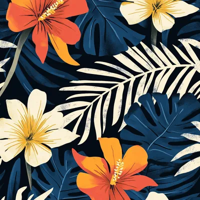 simple silkscreen pattern, dark and tropical, bird of paradise flower, California poppy flowers, monstera leaves