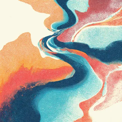 Abstract halftone rivers flowing across the canvas, intertwining streams of deep Pacific navy (#142139), airy Mint (#F5F
