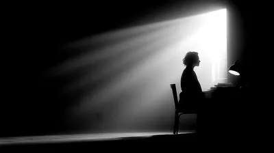 black and white silhouette of a person sitting at a desk in profile, backlit by a single window or light source, desk la