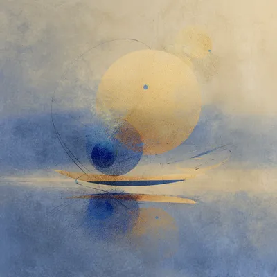 Ethereal abstract scene showing quiet equilibrium, soft glowing silhouettes suspended in balance, minimal composition wi