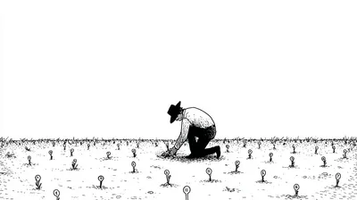 https://s.mj.run/sGzMuUqqwIw A farmer kneeling in a sparse field tending small sprouts that have the numbers 1 or 0 grow