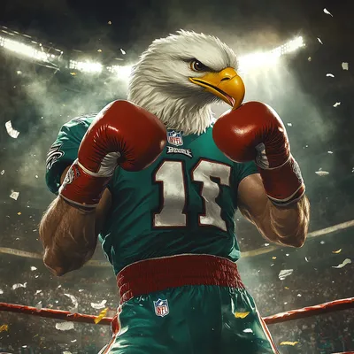 Create a dynamic and humorous Super Bowl party poster featuring a bald eagle personified as Rocky Balboa, wearing a Phil