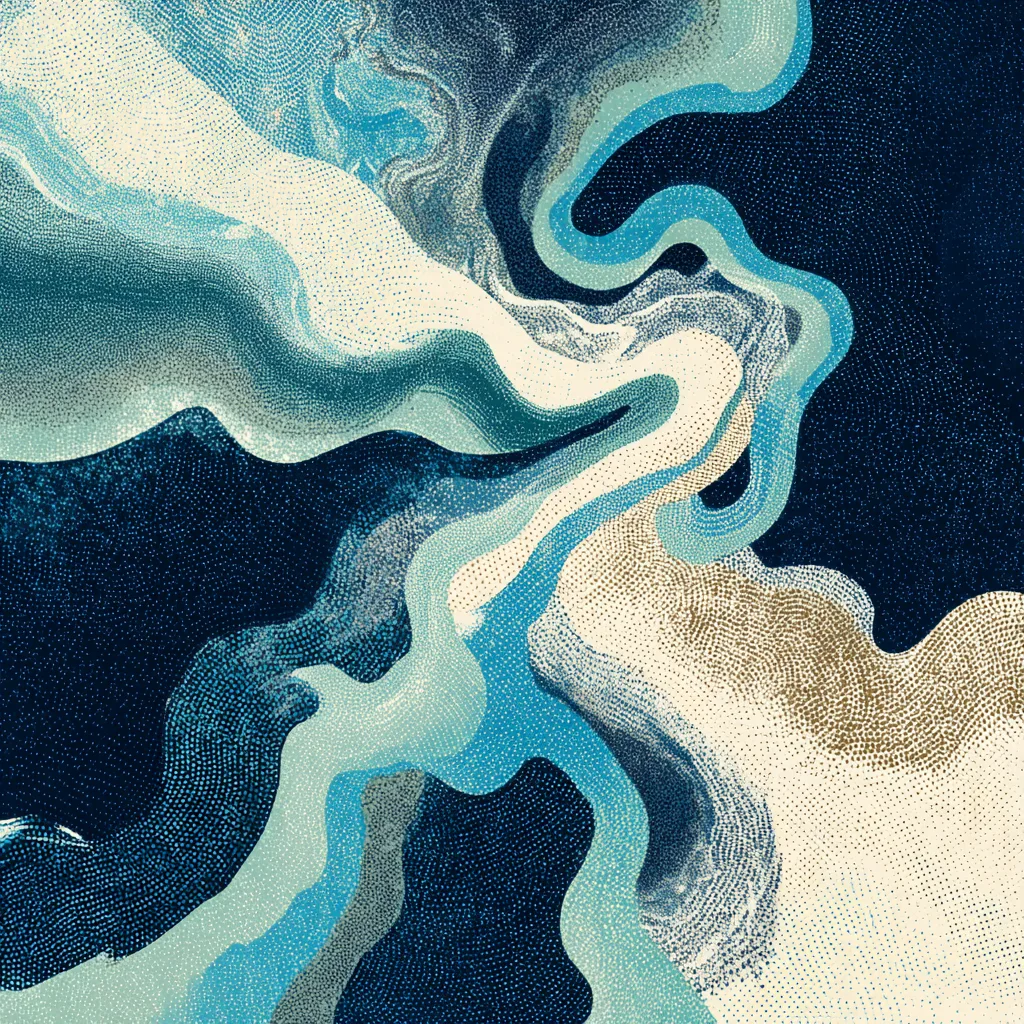 Abstract halftone rivers flowing across the canvas, intertwining streams of deep Pacific navy (#142139), airy Mint (#F5F