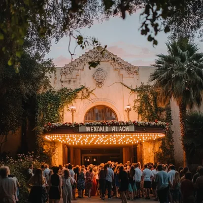 A historic theater exterior at golden hour, its grand entrance framed by creeping ivy and soft floral arrangements. The 