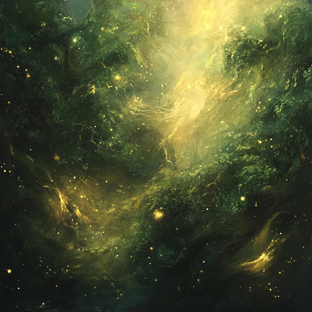 An abstract blend of earthy greens, mossy textures, and glowing golden specks, evoking the life force of a mystical fore