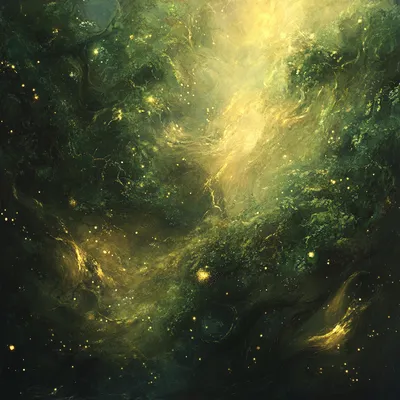 An abstract blend of earthy greens, mossy textures, and glowing golden specks, evoking the life force of a mystical fore