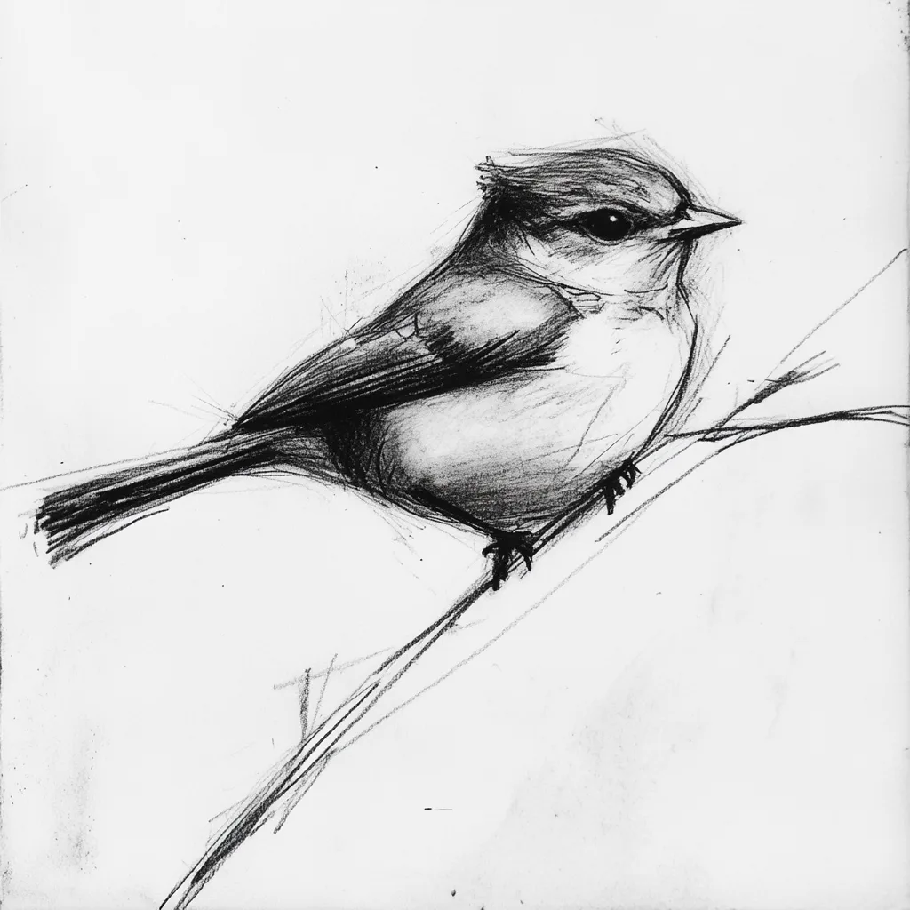 black and white vine charcoal sketch of a bird, simple shapes