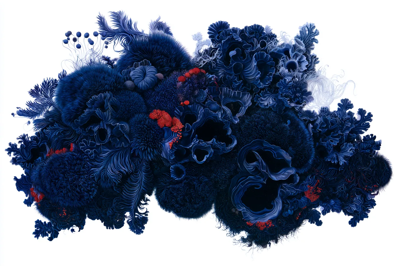 Abstract botanical specimen: thriving moss and lichen colony, low and laterally spreading in a compact irregular cushion