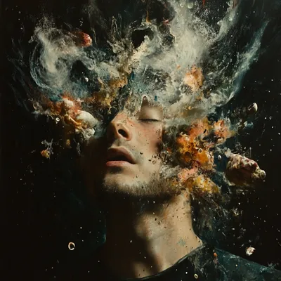 portrait of person, dark background, with these values as items exploding behind portrait, care deeply about sustainabil