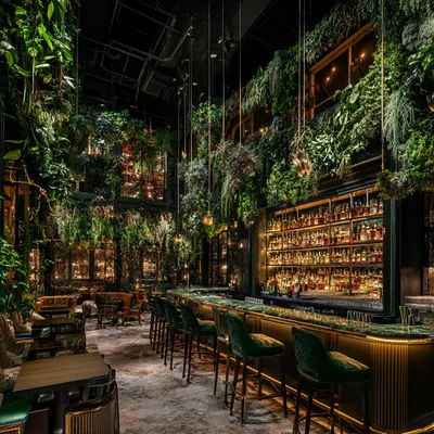 A stylish theater bar with a fusion of classic Art Deco and lush greenery. Patrons sip cocktails while surrounded by han