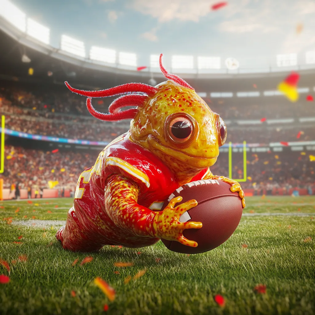 Photorealistic depiction of a vibrant sea slug playing football, fully dressed in a Kansas City Chiefs uniform. The sea