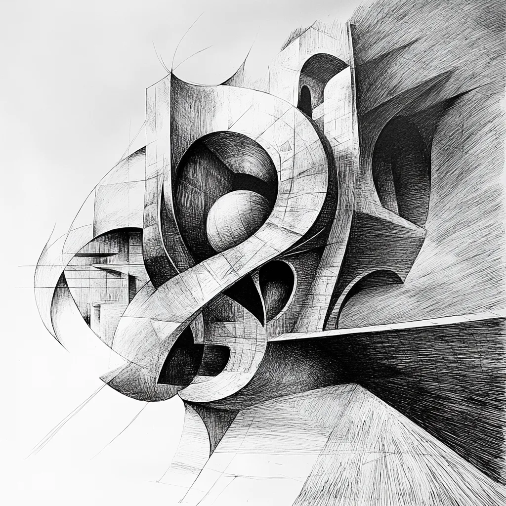 MC Esher style, isolated idea in the center, organic, abstract, Architecture drawing style, black and white only