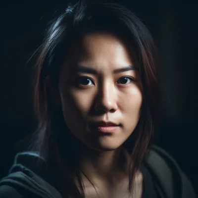 Portrait photo of a 30 year old asian woman, the portrait is shot on a mirrorless camera, a 50mm prime lens, and a drama
