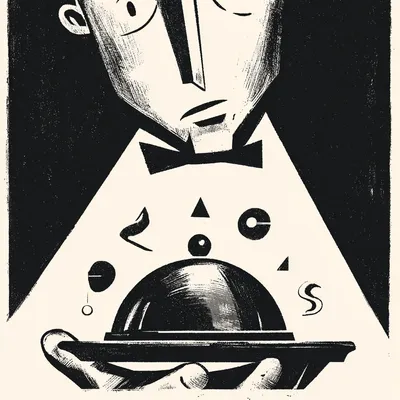first-person POV looking up at a waiter from the diner's seat, only the lower half of the waiter's face visible at the t