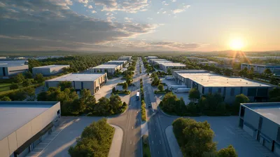 hyper-realistic aerial view of a modern industrial park, clean architecture, symmetrical warehouse buildings, manicured 
