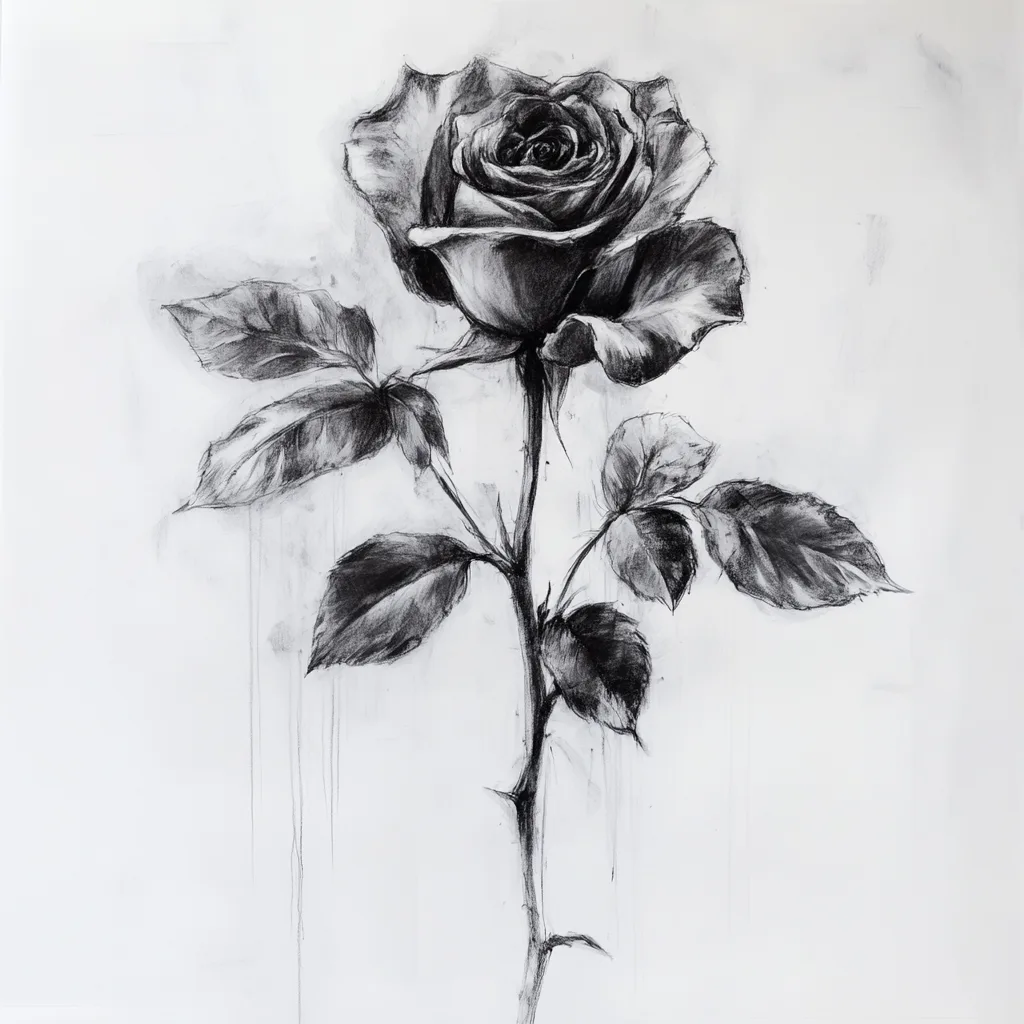 black and white vine charcoal sketch of a rose, simple shapes