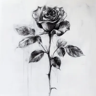 black and white vine charcoal sketch of a rose, simple shapes