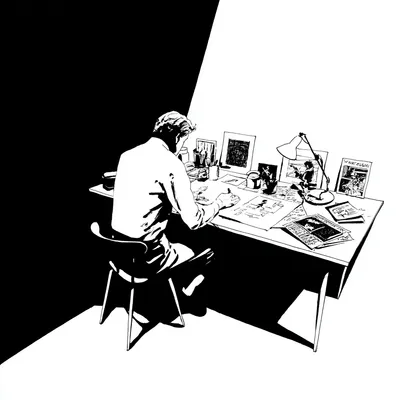 a person at his desk studying art very closely, high-contrast ink drawing, strong negative space, graphic composition, m