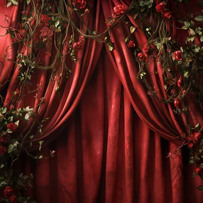 Massive theater curtains, deep red and heavy with history, subtly intertwined with fine strands of ivy and tiny blooming
