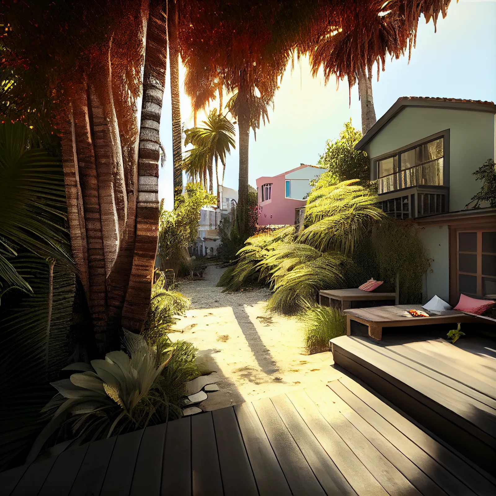 https://s.mj.run/JH-MFBaendc good morning, venice california, sunshine, beach, lush garden, hyper realistic --upbeta